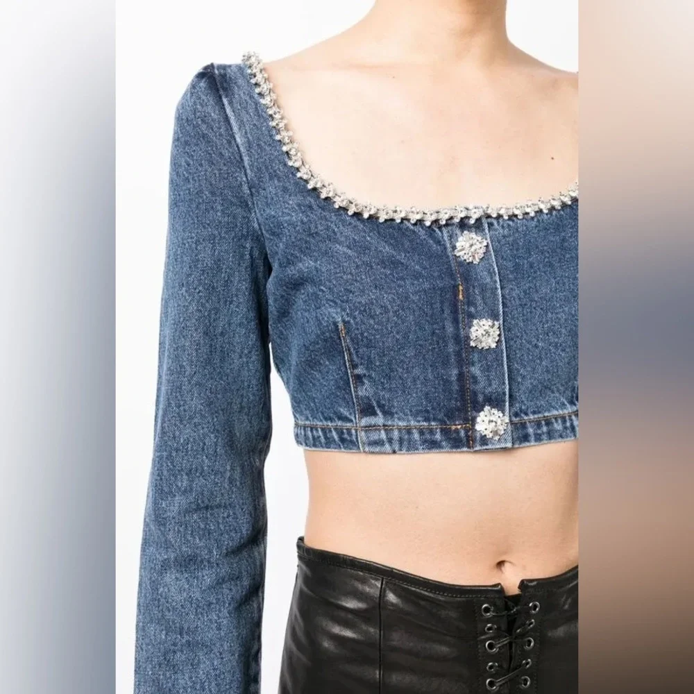 SELF-PORTRAIT Crystal-Embellished Denim Top Size 6 NWT - Picture 12 of 13